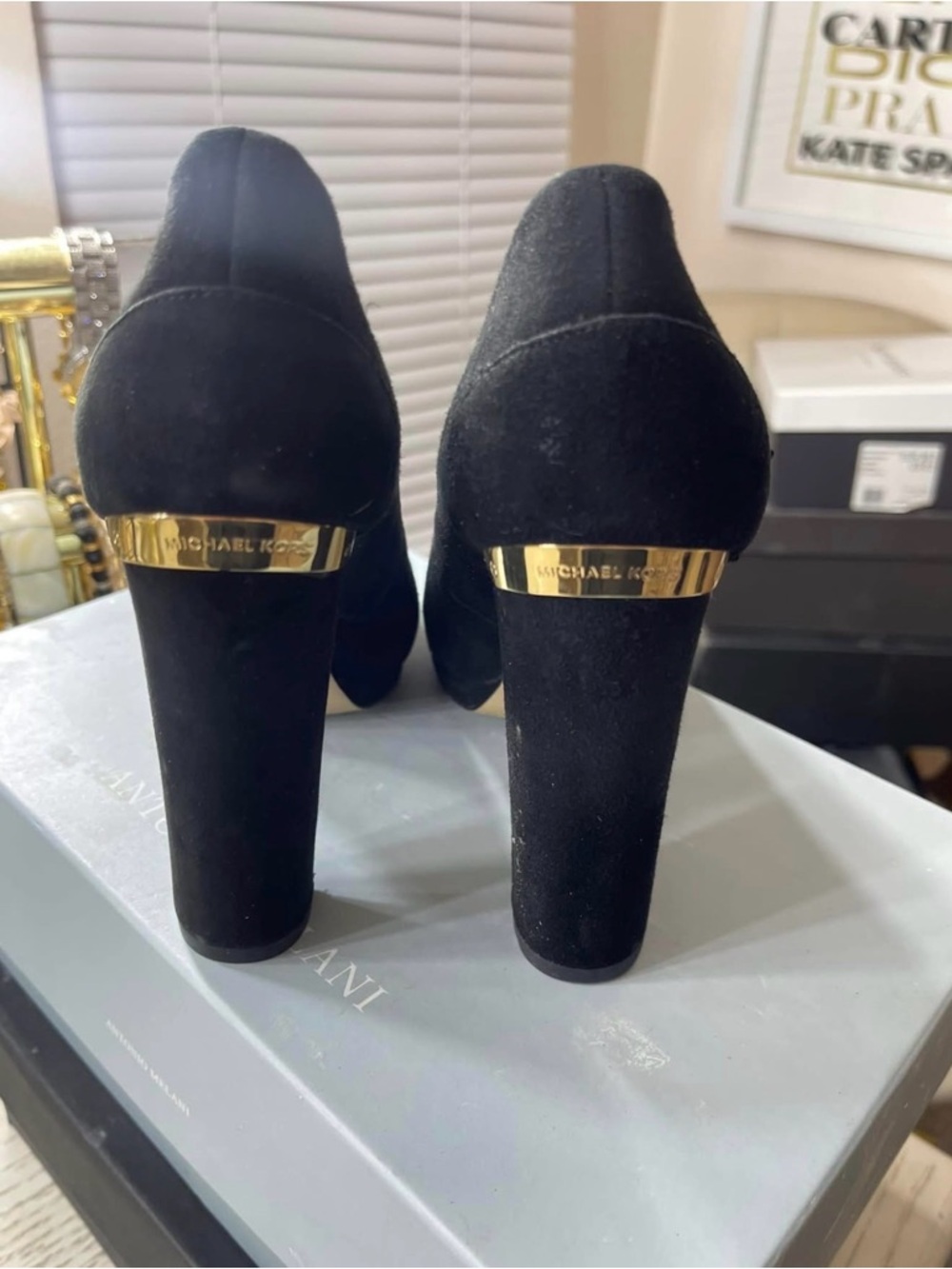 Michael Kors Black Suede Block Heel Pumps with Gold Accent